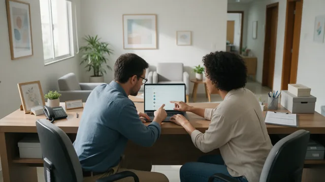 Dona de negócio e funcionário revisando mensagens juntos no notebook da recepção
