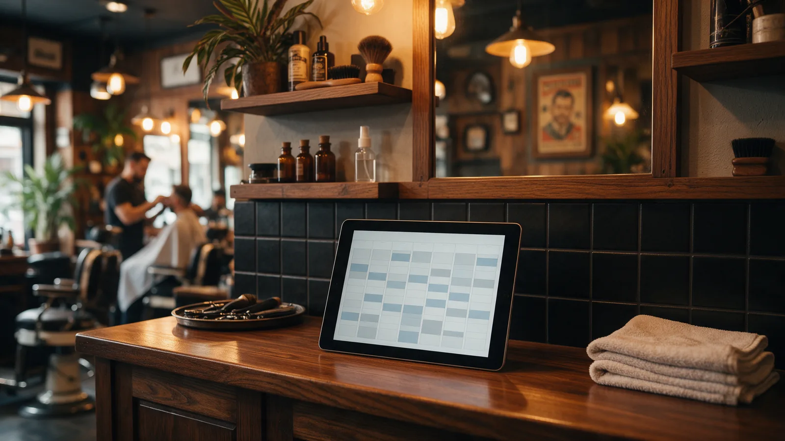 Tablet com a agenda no balcão de uma barbearia, com um barbeiro atendendo ao fundo